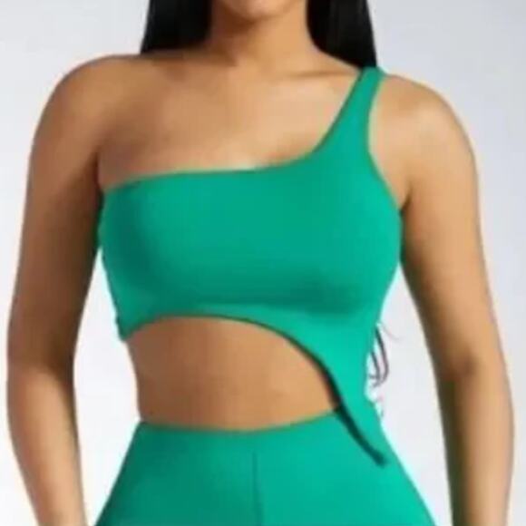 Naked Wardrobe Kelly Green Smooth Side Asymmetrical Crop Top Women's Medium - Picture 1 of 5